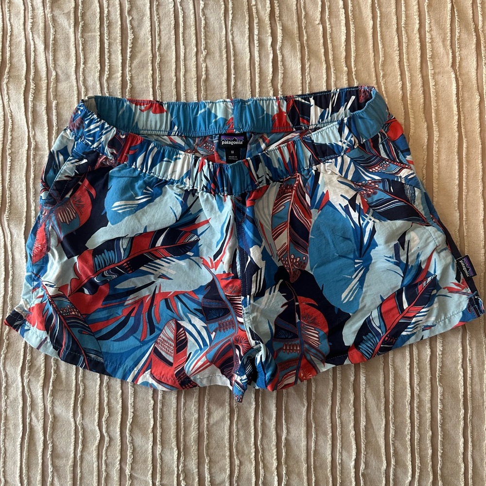Patagonia Women's Athletic Shorts - Blue and Red Tropical Print